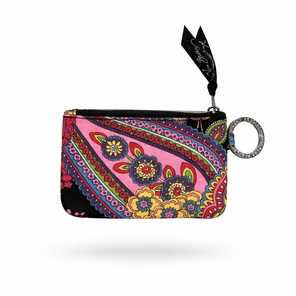 Vera Bradley Black Pink Paisley Zip ID Case Card Wallet Coin Purse Colorful